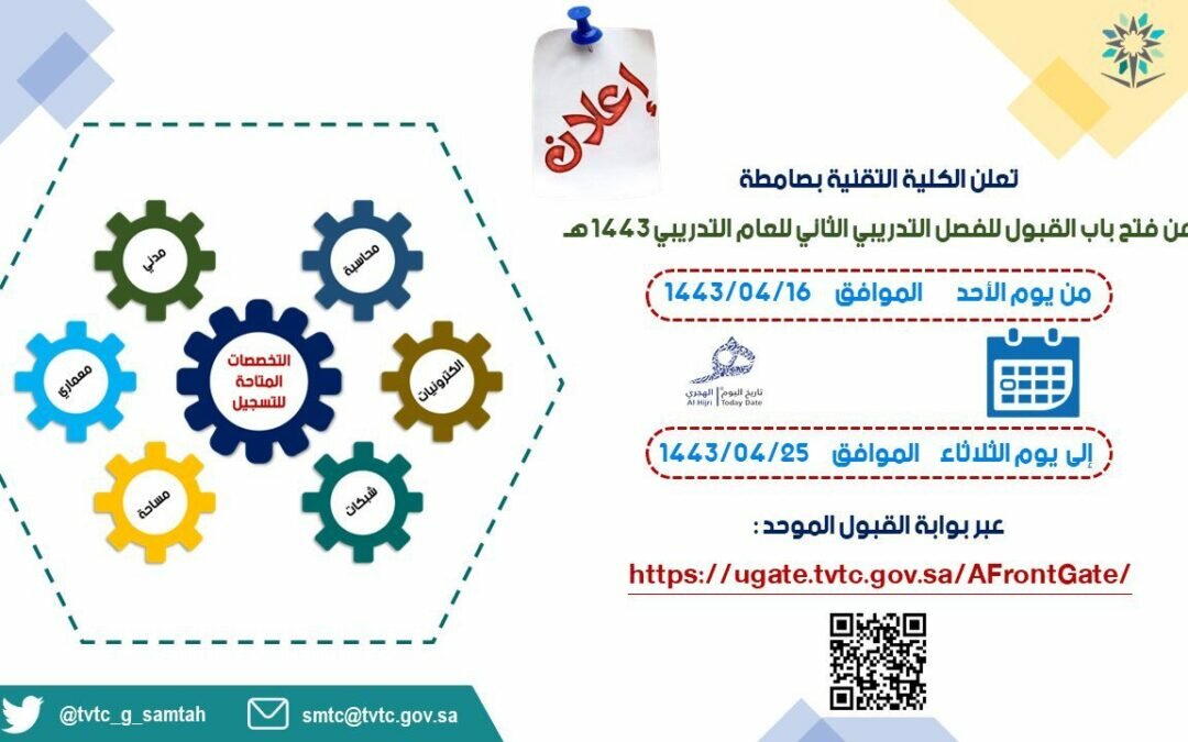 “تقنية صامطة” تحدد مواعيد القبول للفصل التدريبي الثاني للعام التدريبي 1443هـ