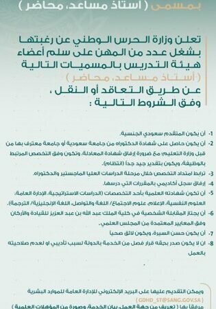 “الحرس الوطني” تطرح عددًا من المهن الشاغرة على سلم أعضاء هيئة التدريس
